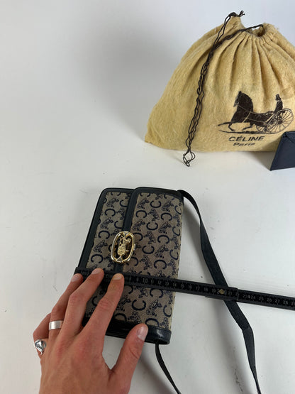 Vintage Celine C Logo Canvas Shoulder Bag Navy Beige Gold