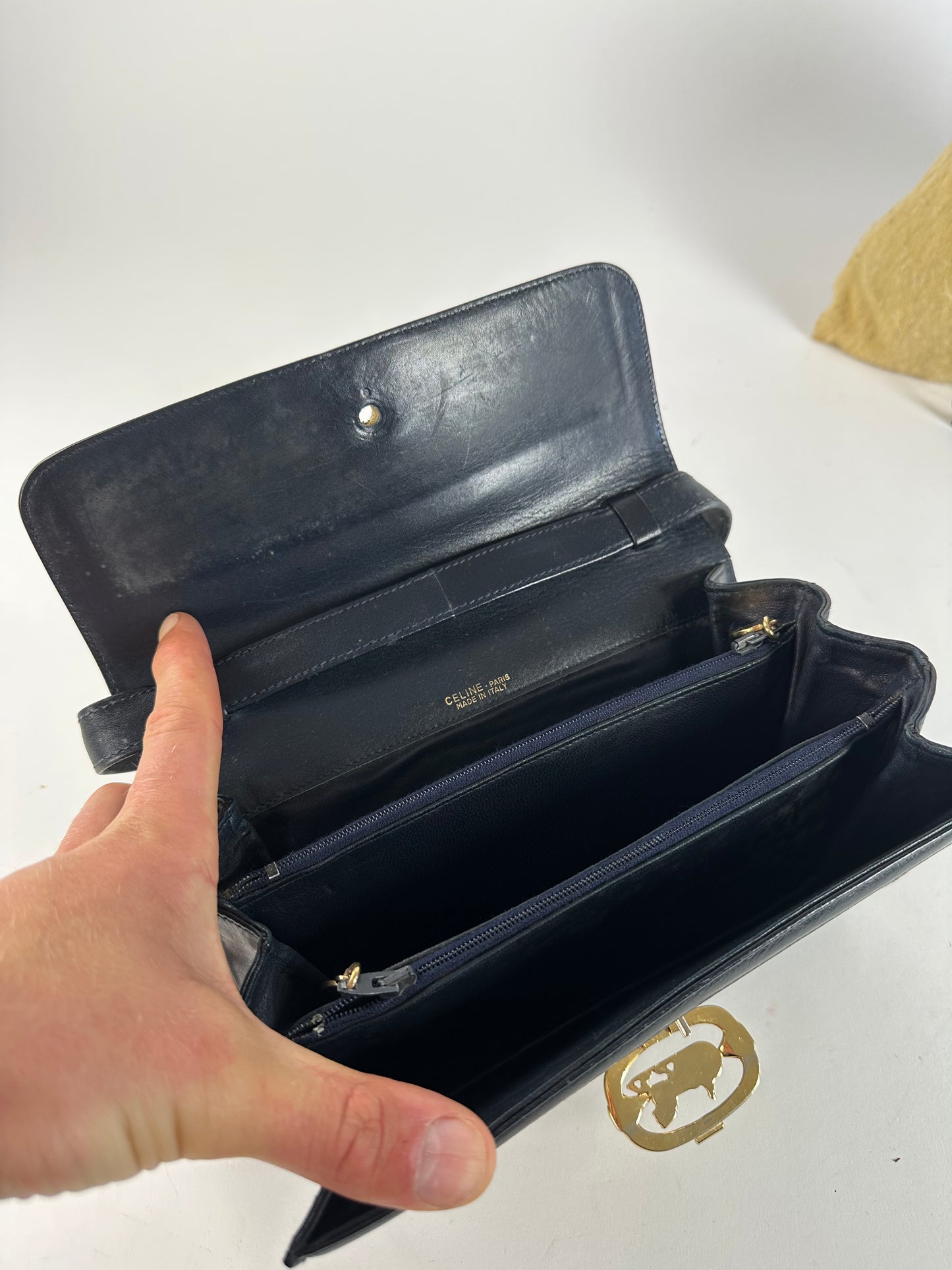Vintage Celine C Logo Canvas Shoulder Bag Navy Beige Gold