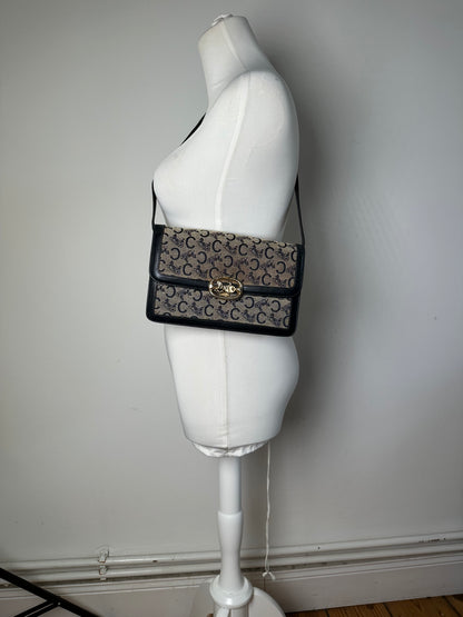 Vintage Celine C Logo Canvas Shoulder Bag Navy Beige Gold