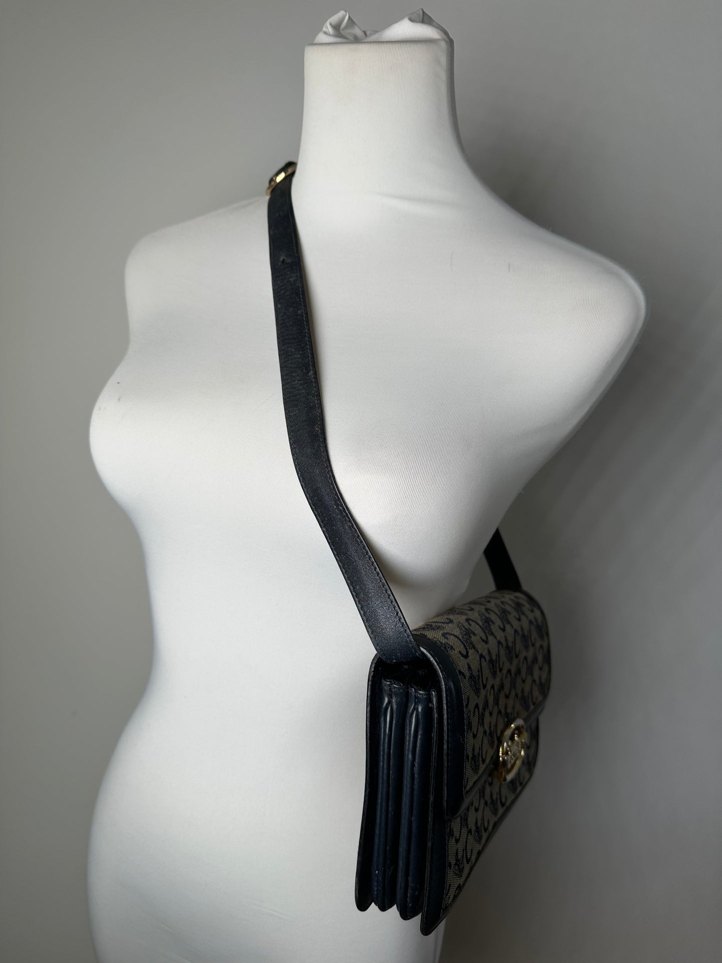 Vintage Celine C Logo Canvas Shoulder Bag Navy Beige Gold