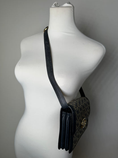 Vintage Celine C Logo Canvas Shoulder Bag Navy Beige Gold