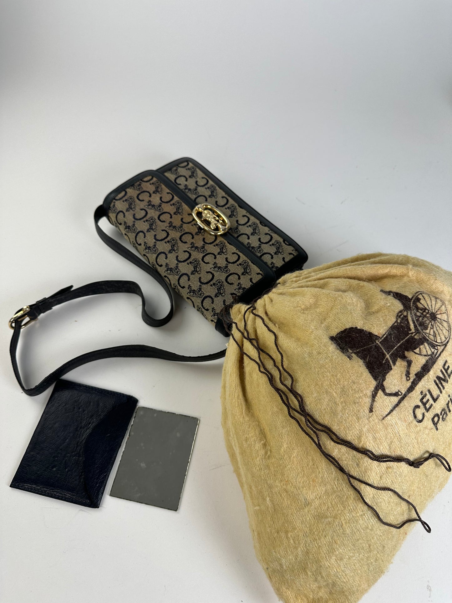 Vintage Celine C Logo Canvas Shoulder Bag Navy Beige Gold