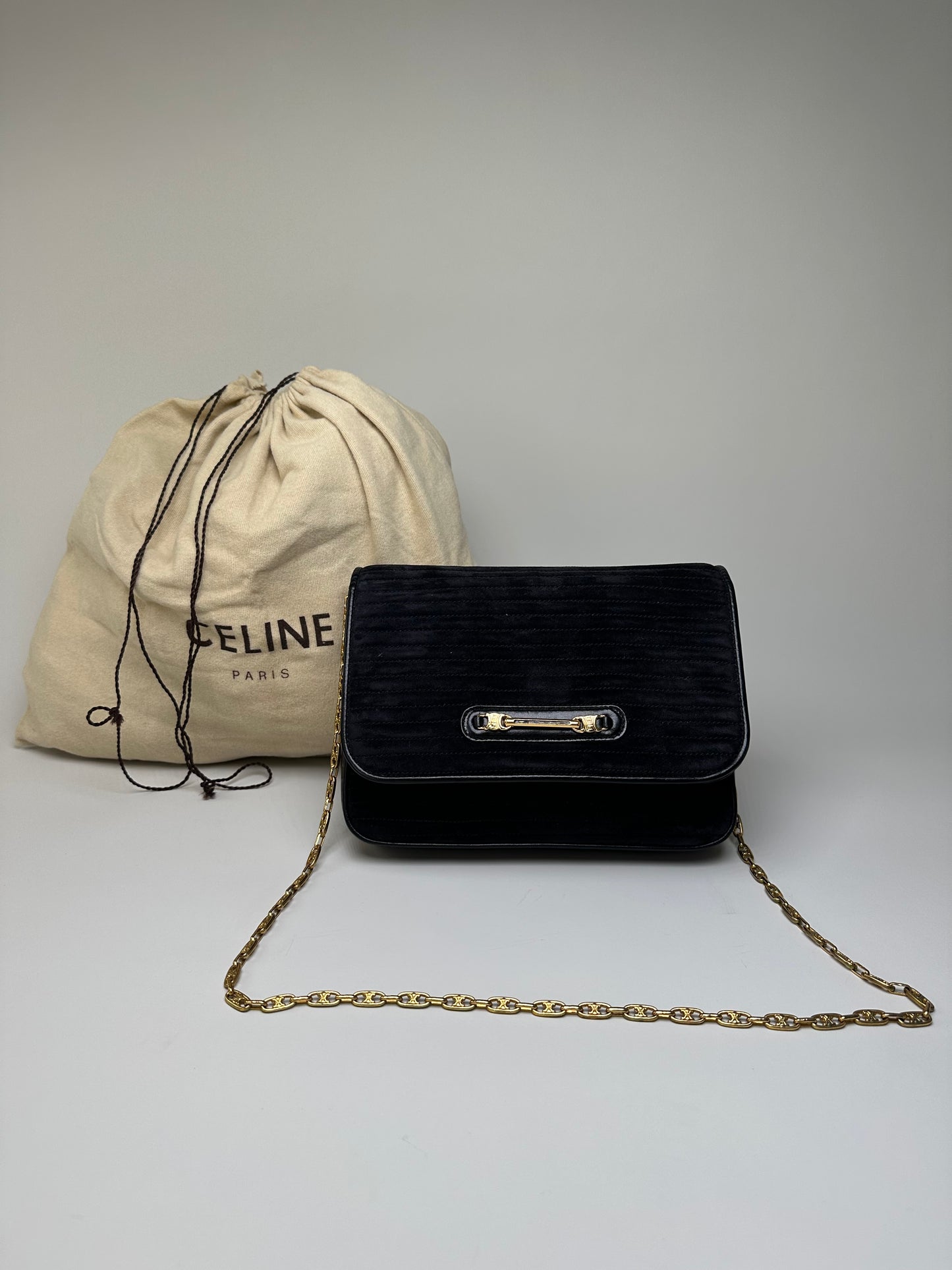 Vintage Celine Leather Chain Shoulder Bag Black Gold