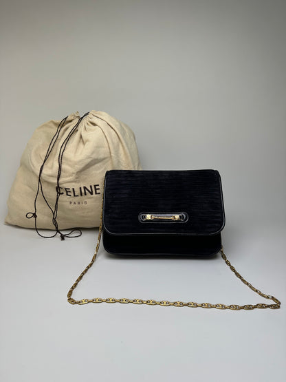 Vintage Celine Leather Chain Shoulder Bag Black Gold