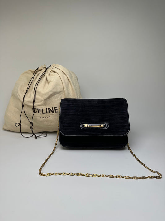 Vintage Celine Leather Chain Shoulder Bag Black Gold