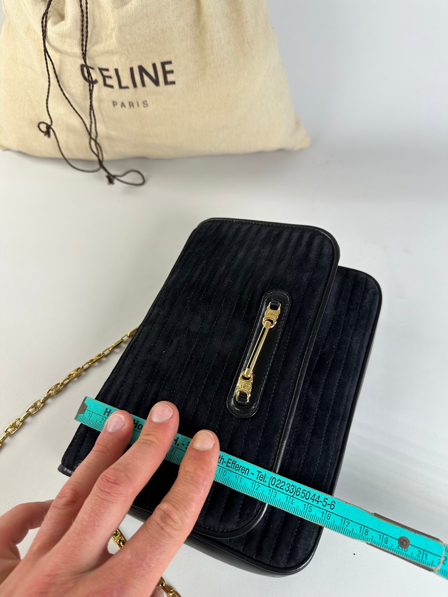 Vintage Celine Leather Chain Shoulder Bag Black Gold