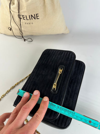 Vintage Celine Leather Chain Shoulder Bag Black Gold