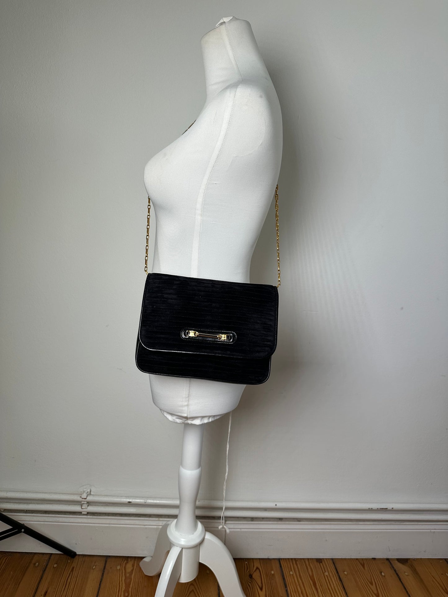 Vintage Celine Leather Chain Shoulder Bag Black Gold