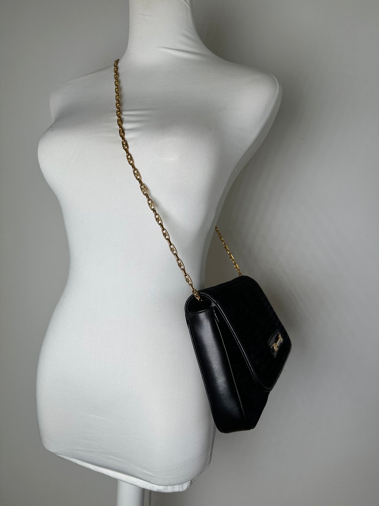 Vintage Celine Leather Chain Shoulder Bag Black Gold