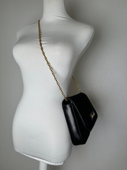 Vintage Celine Leather Chain Shoulder Bag Black Gold