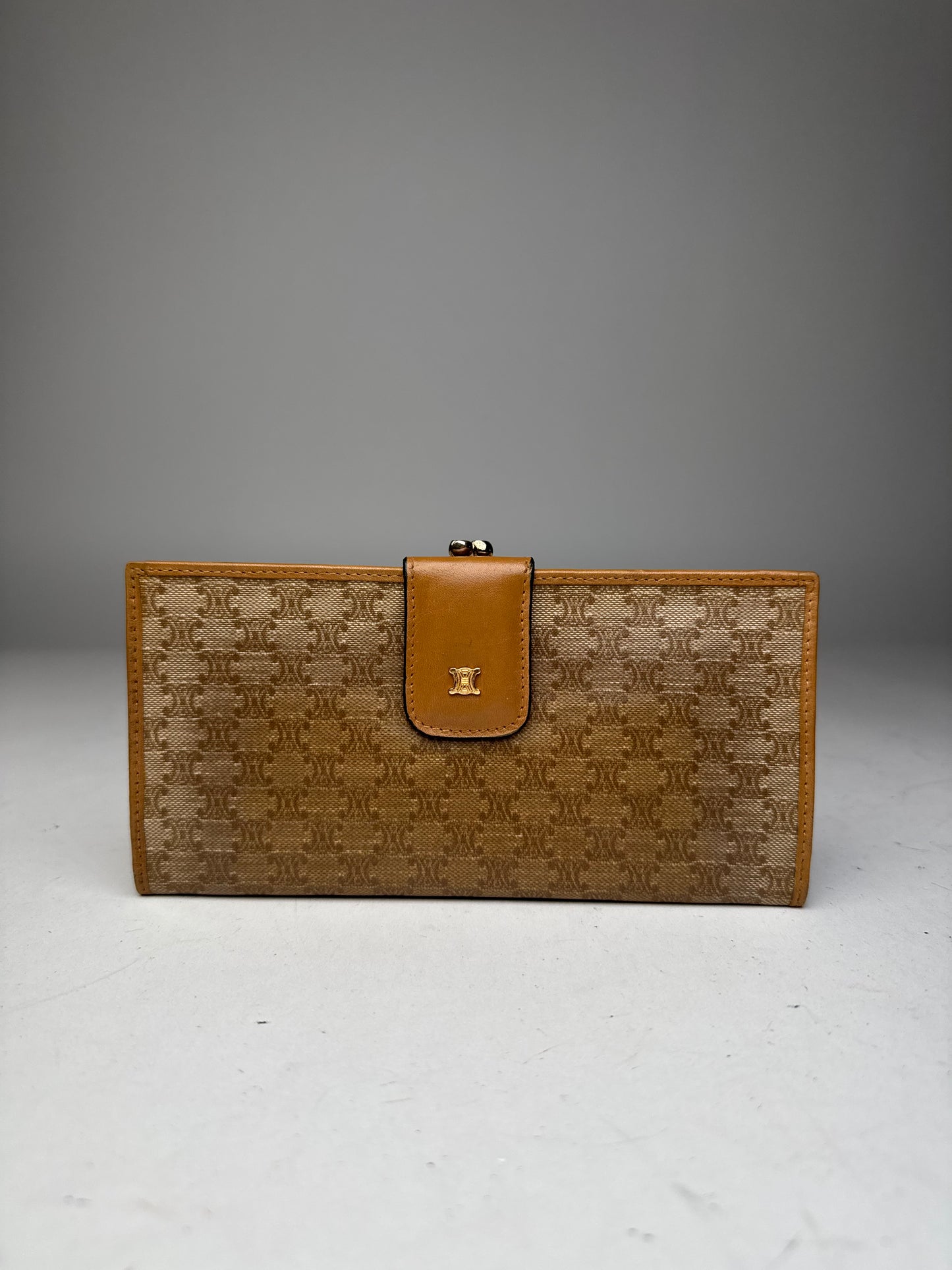 Vintage Celine Paris Monogram Leather Wallet beige brown