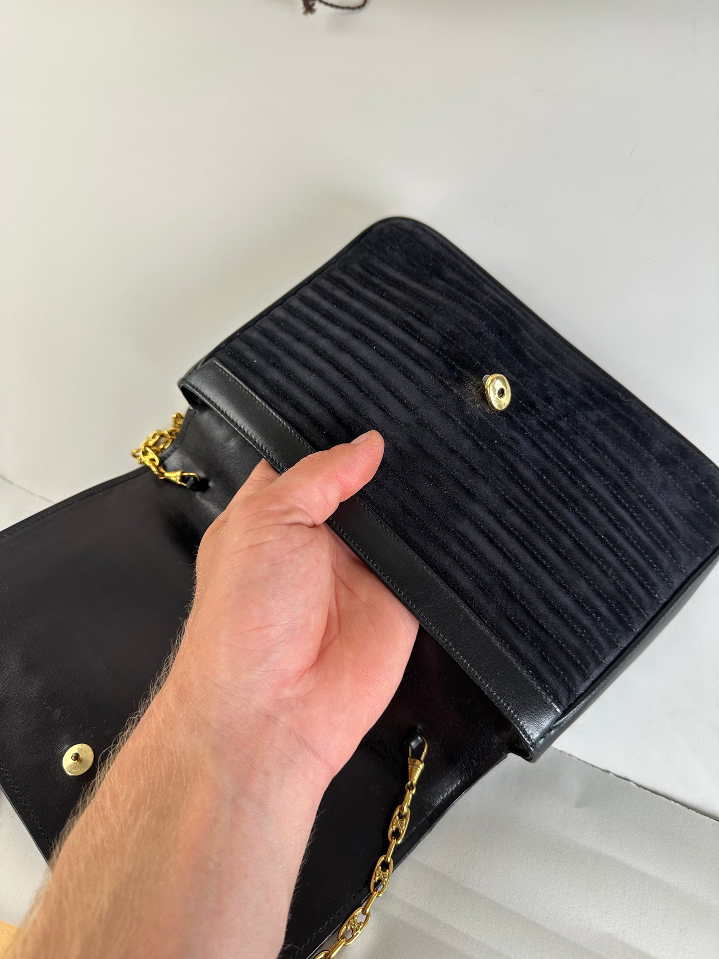 Vintage Celine Leather Chain Shoulder Bag Black Gold