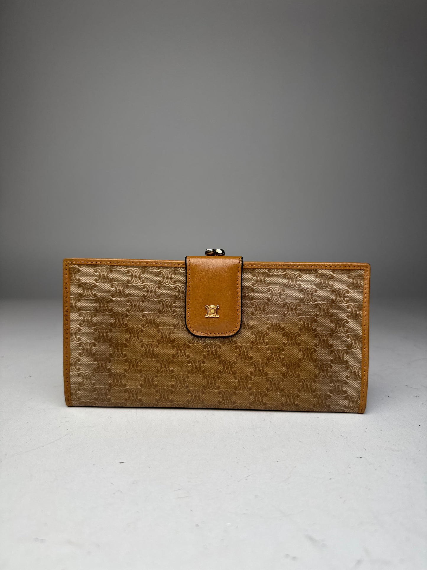 Vintage Celine Paris Monogram Leather Wallet beige brown