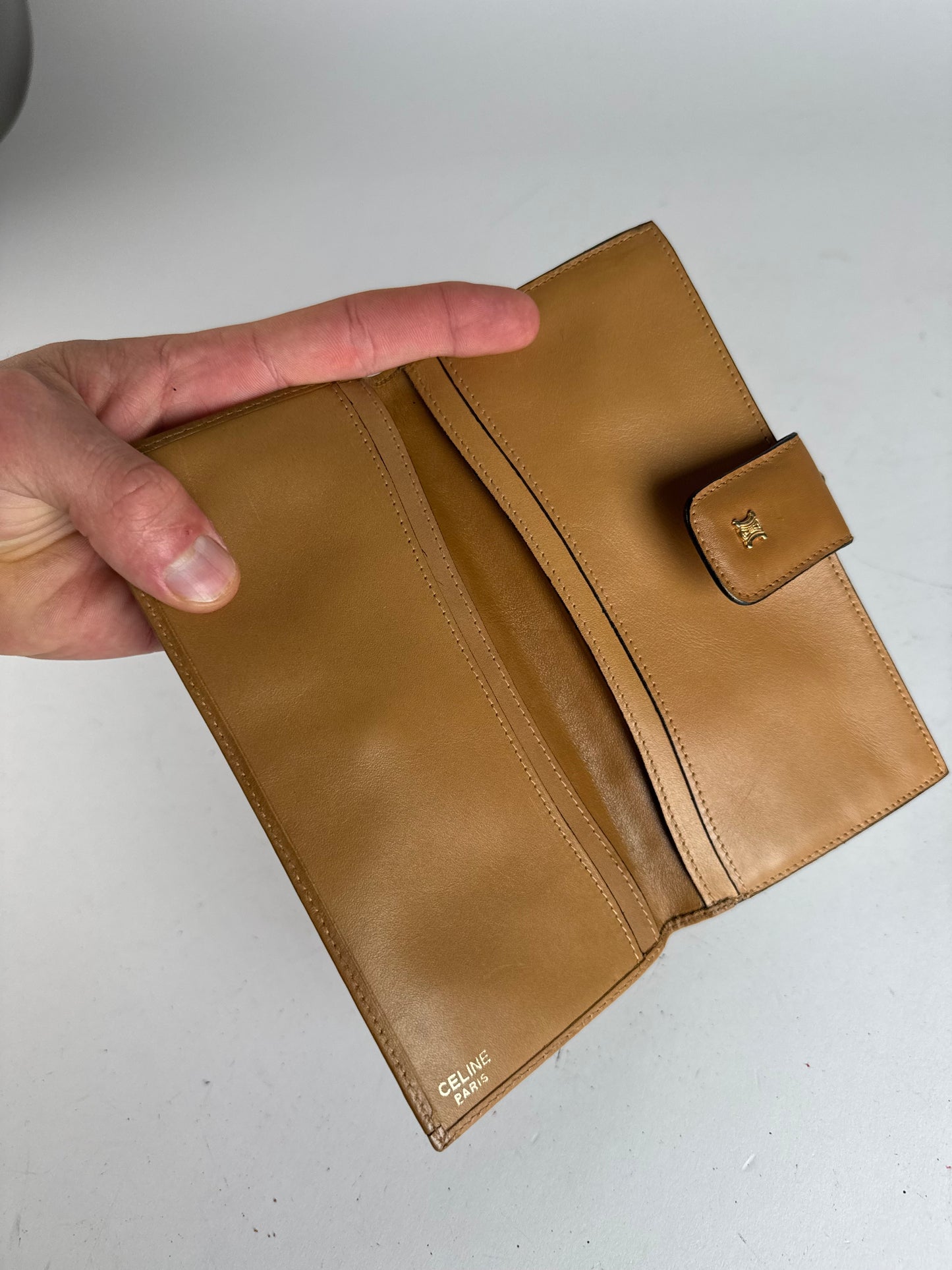 Vintage Celine Paris Monogram Leather Wallet beige brown