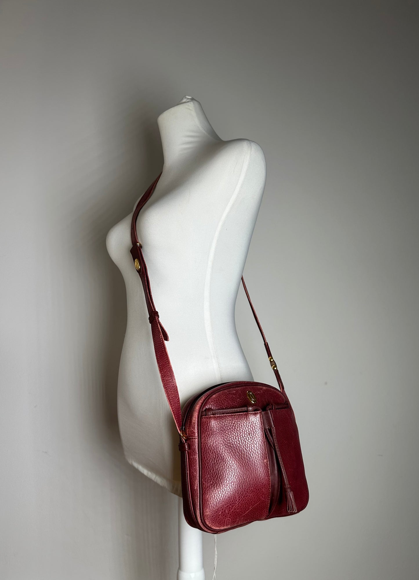 Vintage Cartier Leather Shoulder Bag Dark Red