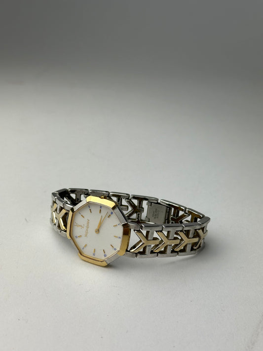 Vintage Yves Saint Laurent Bicolor Quartz Watch Silver Gold