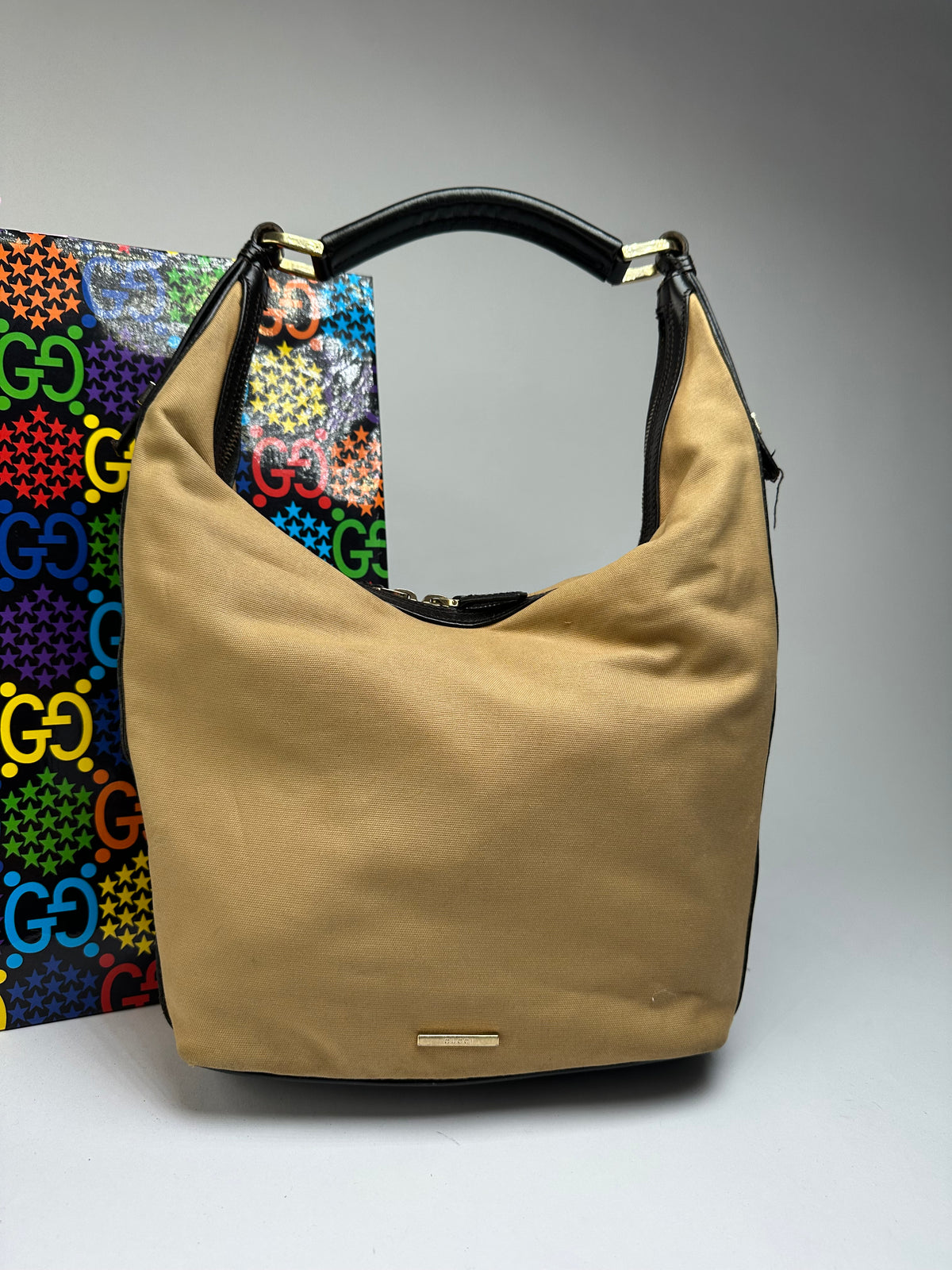 Vintage Gucci Canvas Hobo Bag Late 1990s Tan Black