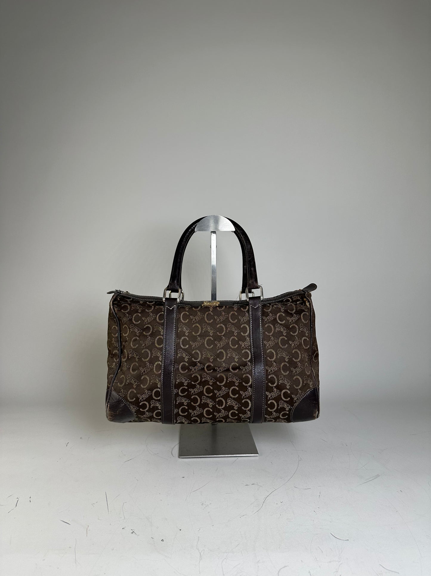 Vintage Celine C Monogram Canvas Tote Brown Beige Gold
