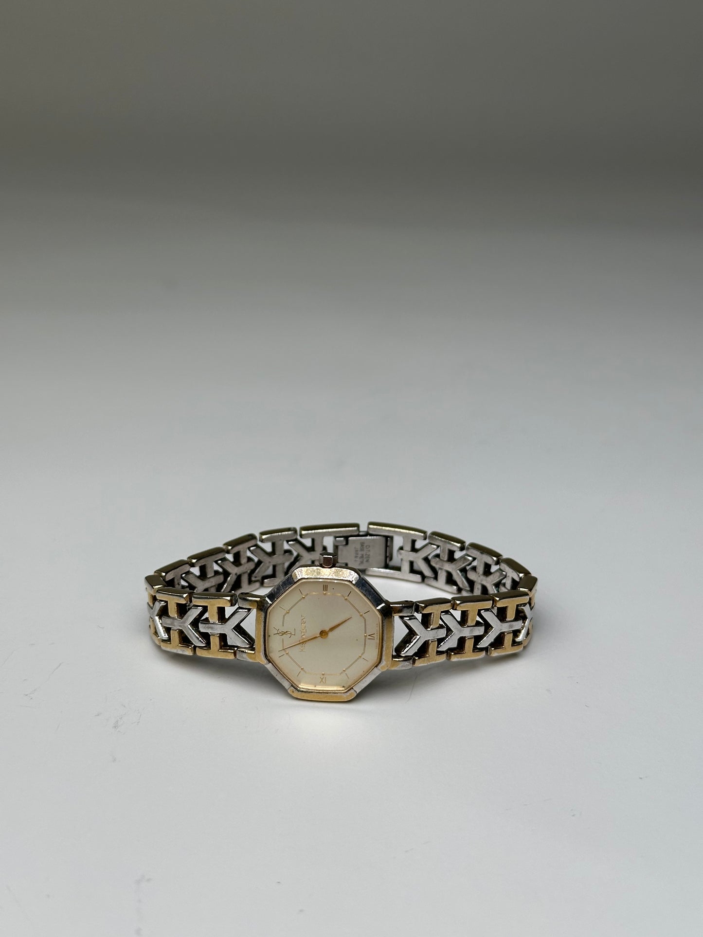 Vintage Saint Laurent Octagonal Bracelet Watch Gold Silver