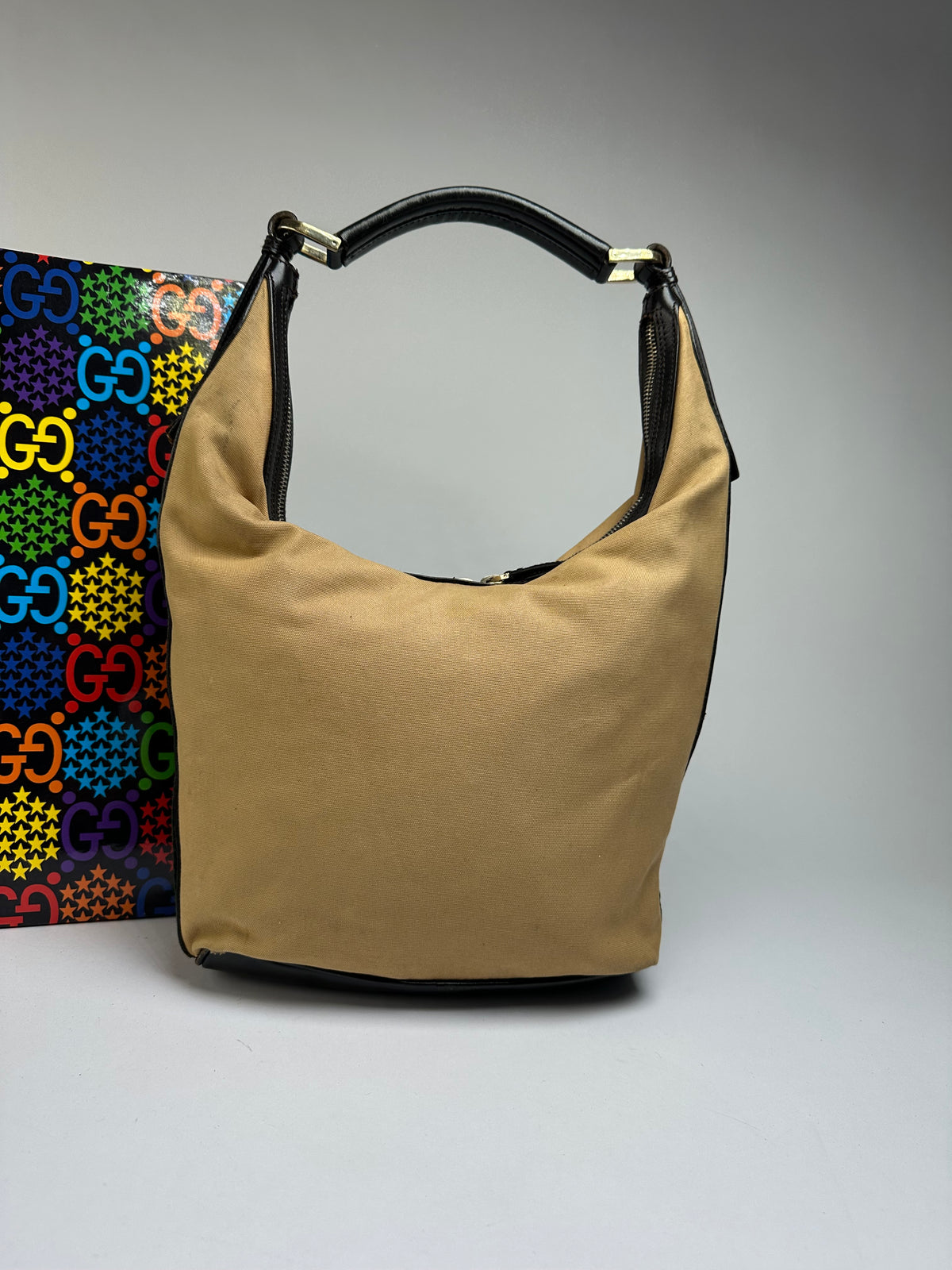 Vintage Gucci Canvas Hobo Bag Late 1990s Tan Black