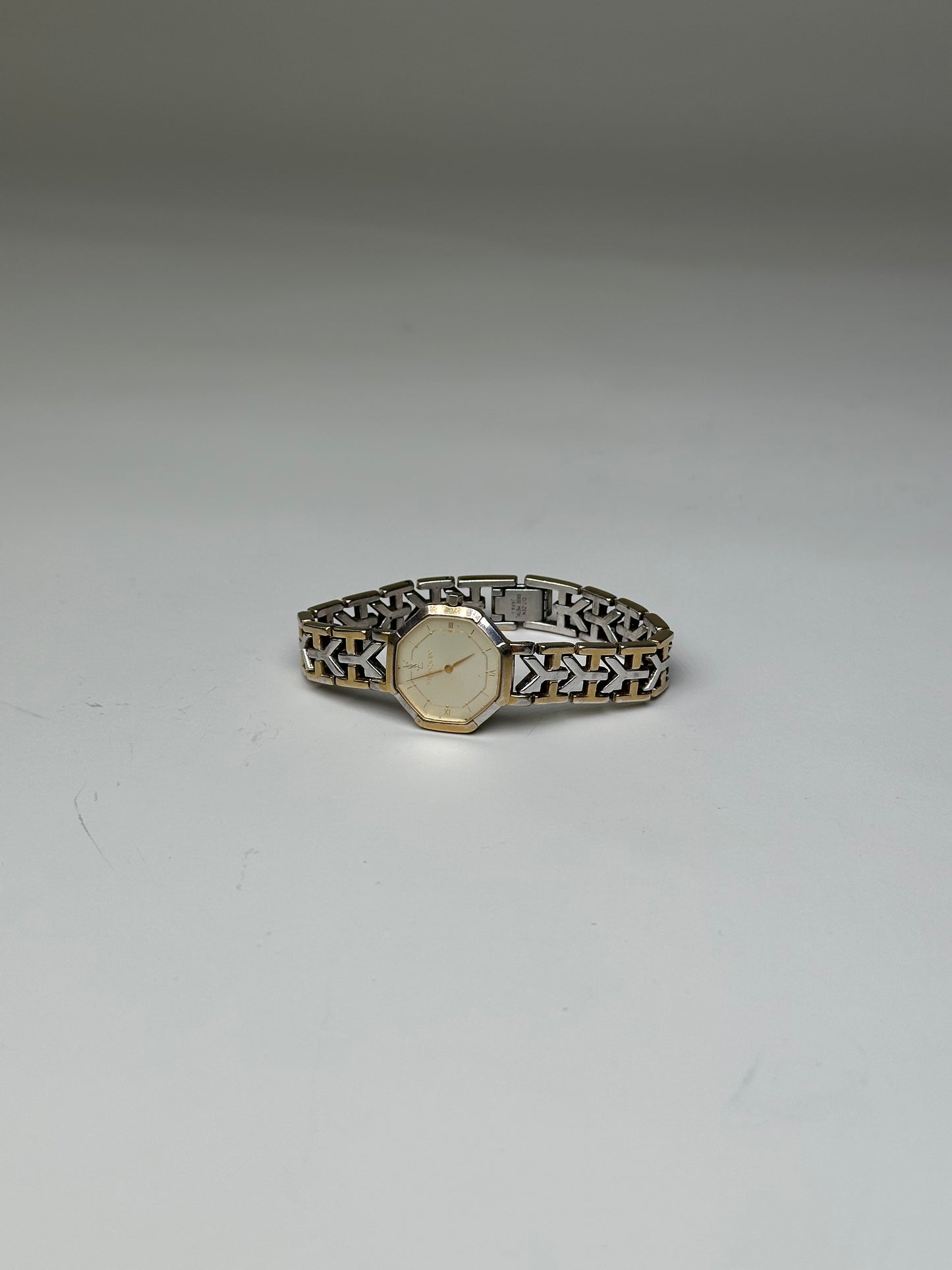Vintage Saint Laurent Octagonal Bracelet Watch Gold Silver