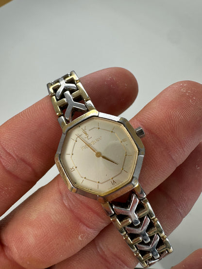 Vintage Saint Laurent Octagonal Bracelet Watch Gold Silver