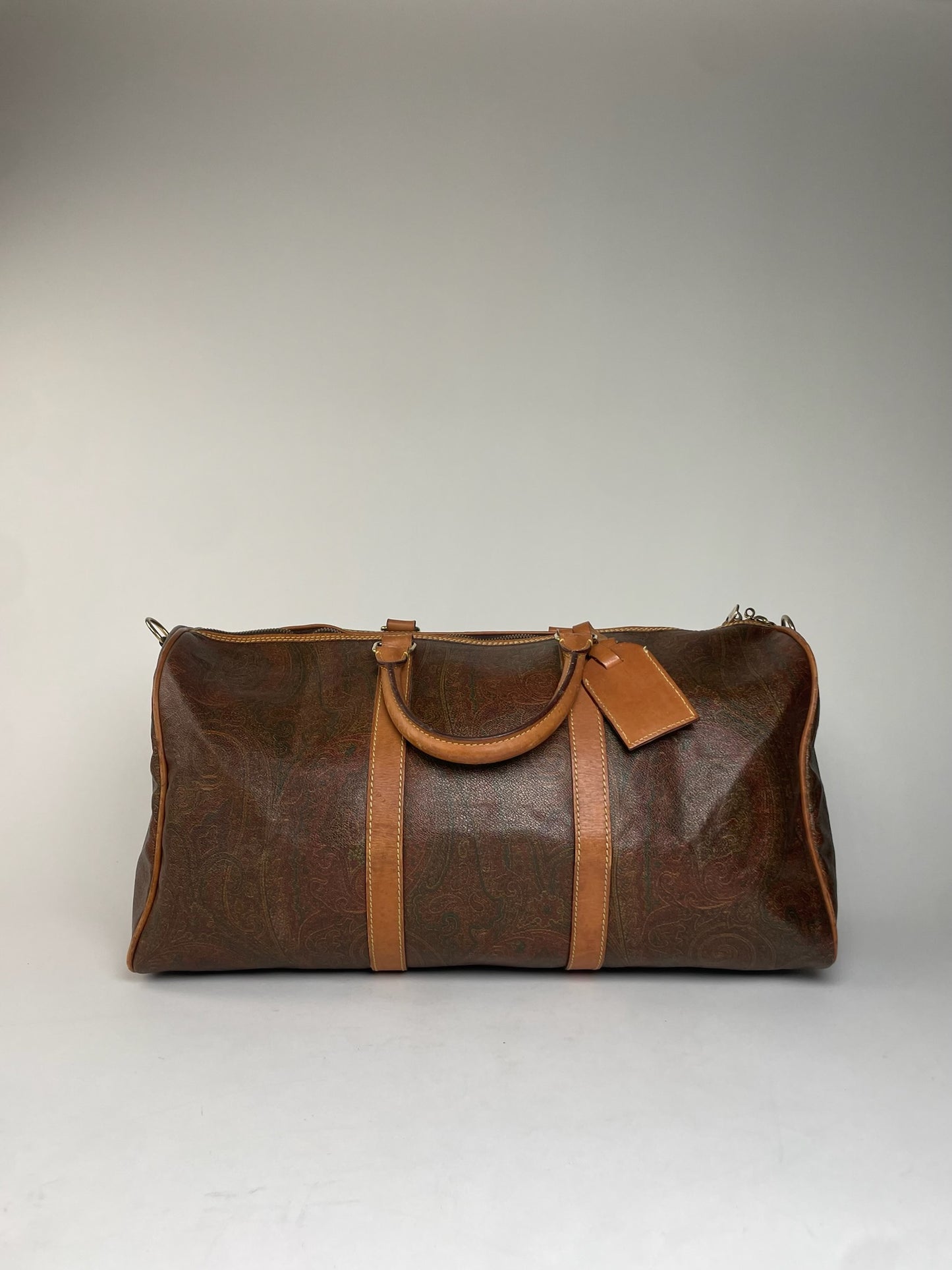 Vintage Etro Paisley Monogram Leather Duffel Bag Orange brown