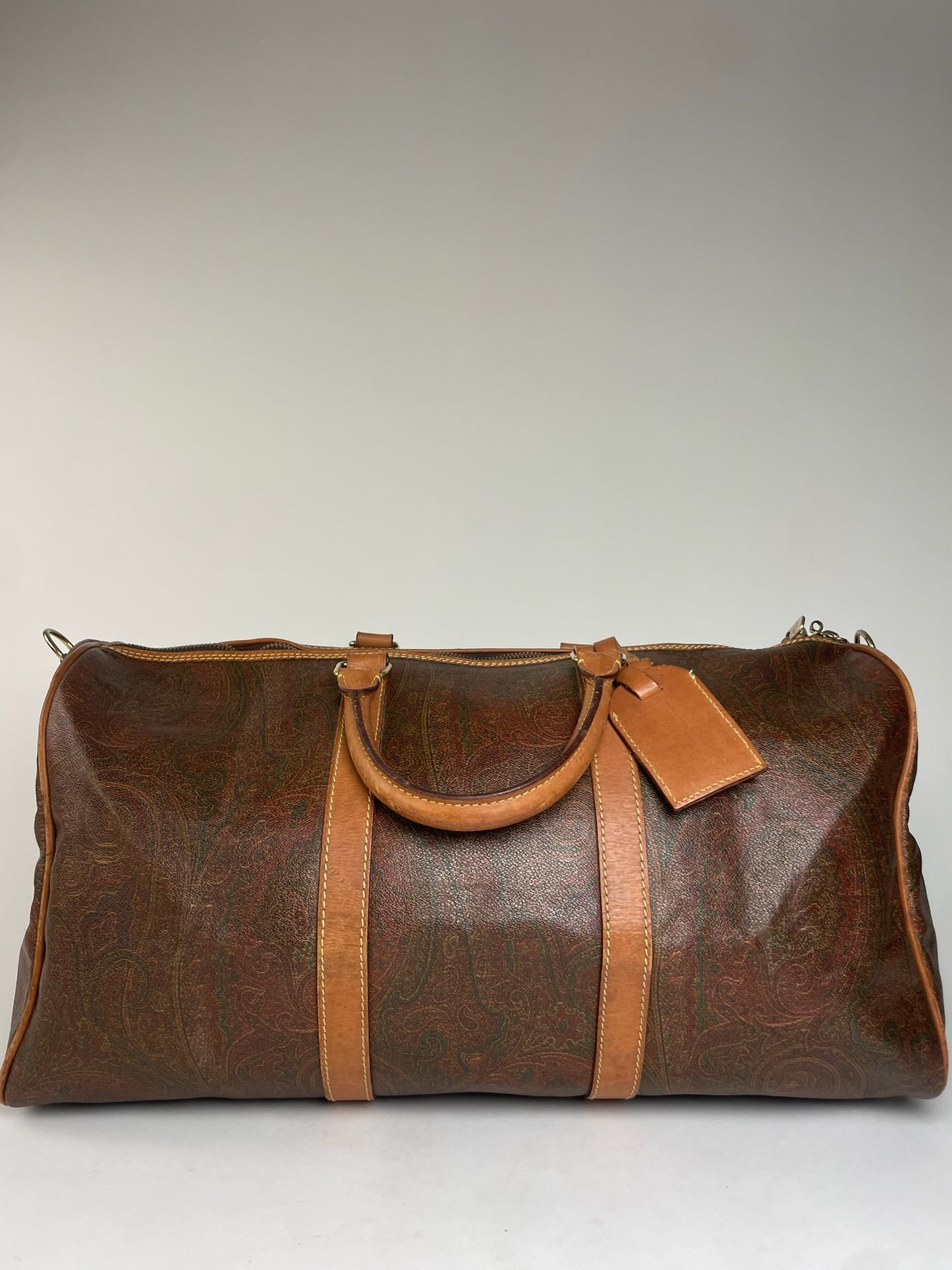 Vintage Etro Paisley Monogram Leather Duffel Bag Orange brown