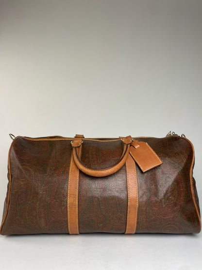 Vintage Etro Paisley Monogram Leather Duffel Bag Orange brown