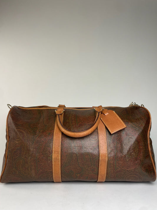 Vintage Etro Paisley Monogram Leather Duffel Bag Orange brown