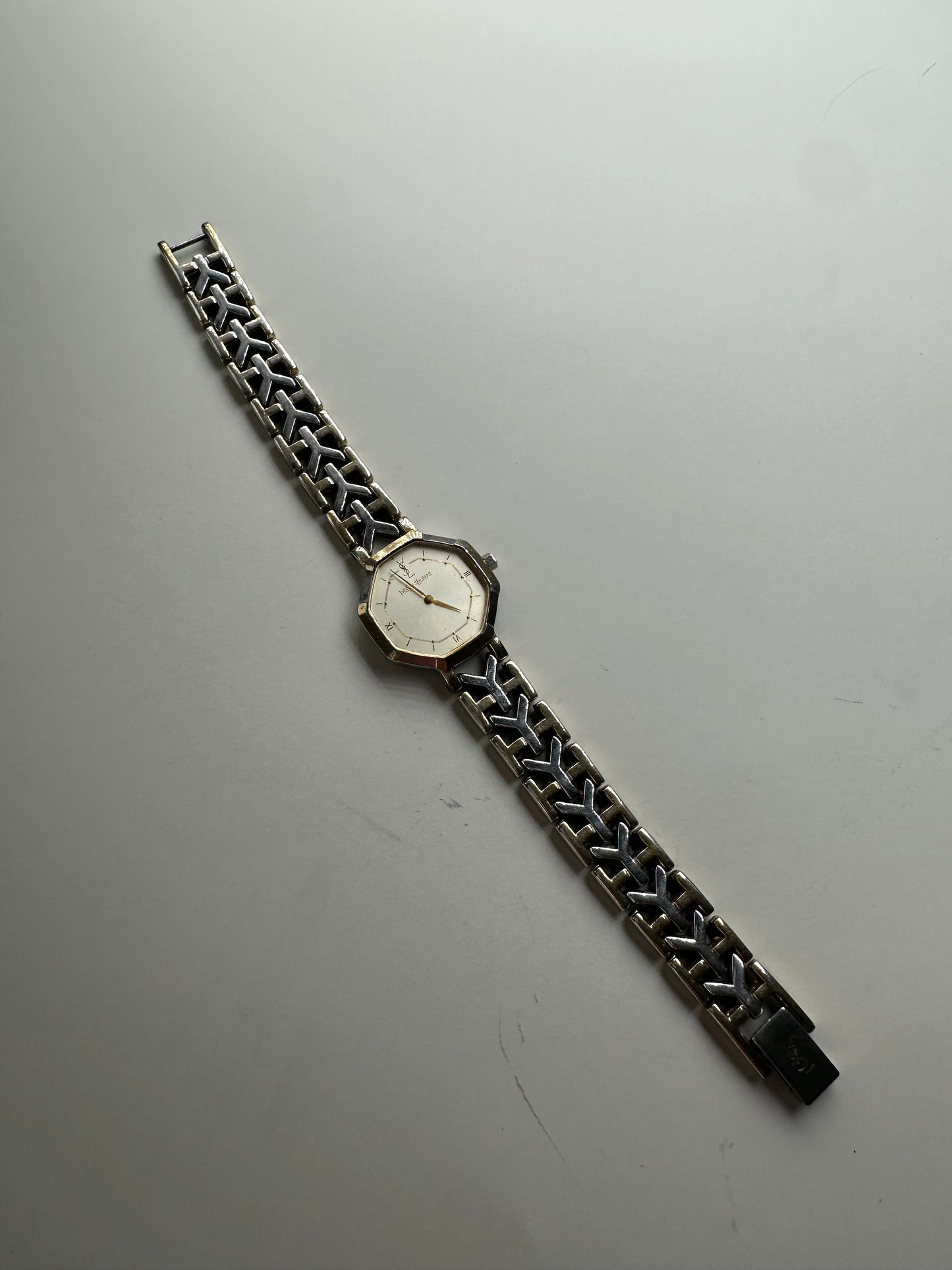 Vintage Saint Laurent Octagonal Bracelet Watch Gold Silver