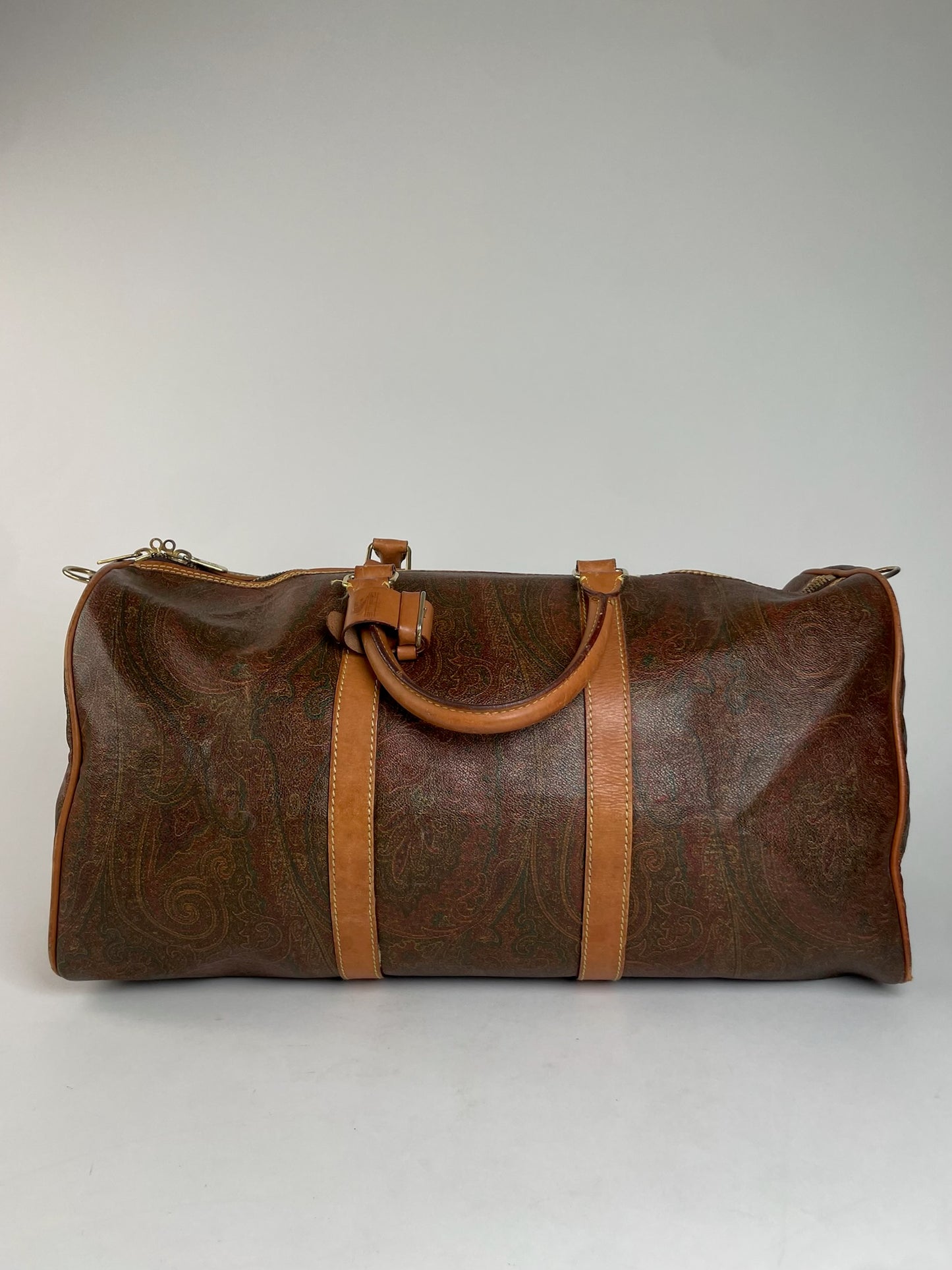 Vintage Etro Paisley Monogram Leather Duffel Bag Orange brown