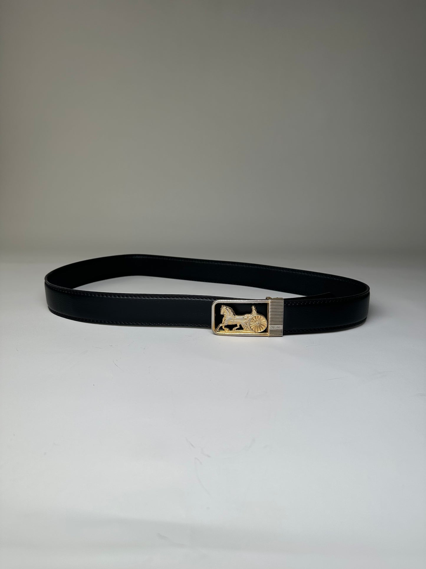 Vintage Celine Leather Belt Black Gold Buckle