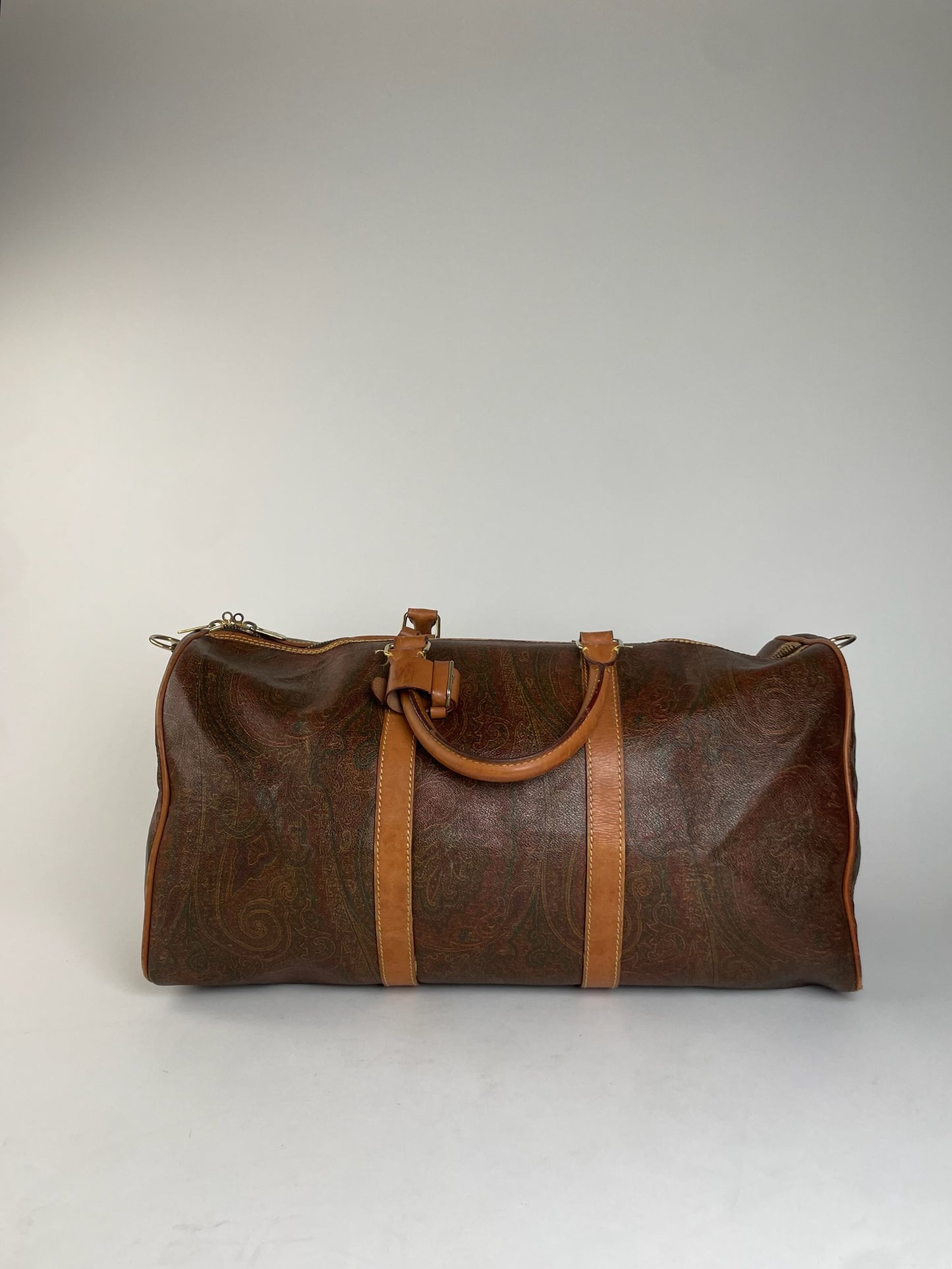 Vintage Etro Paisley Monogram Leather Duffel Bag Orange brown