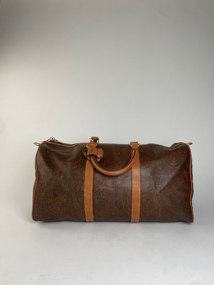 Vintage Etro Paisley Monogram Leather Duffel Bag Orange brown