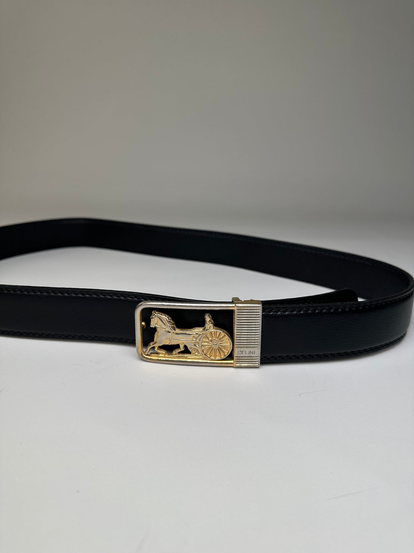 Vintage Celine Leather Belt Black Gold Buckle