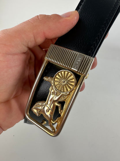 Vintage Celine Leather Belt Black Gold Buckle