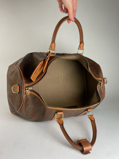 Vintage Etro Paisley Monogram Leather Duffel Bag Orange brown