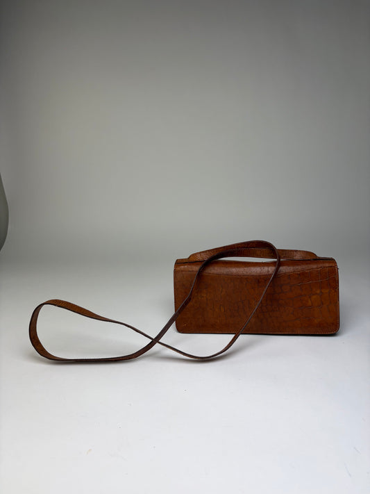 Vintage Armani Crocodile-Effect Leather Flap Crossbody Bag Brown