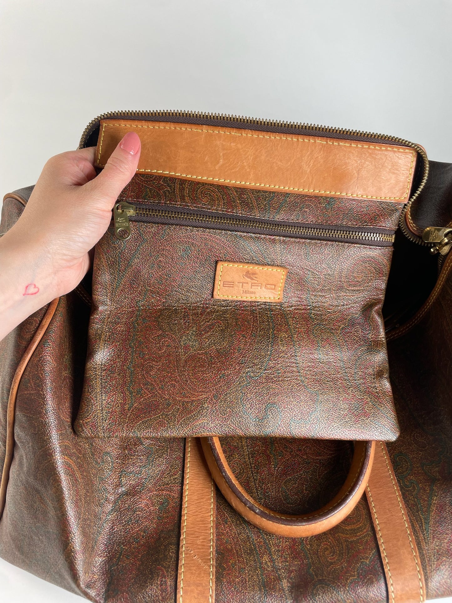 Vintage Etro Paisley Monogram Leather Duffel Bag Orange brown