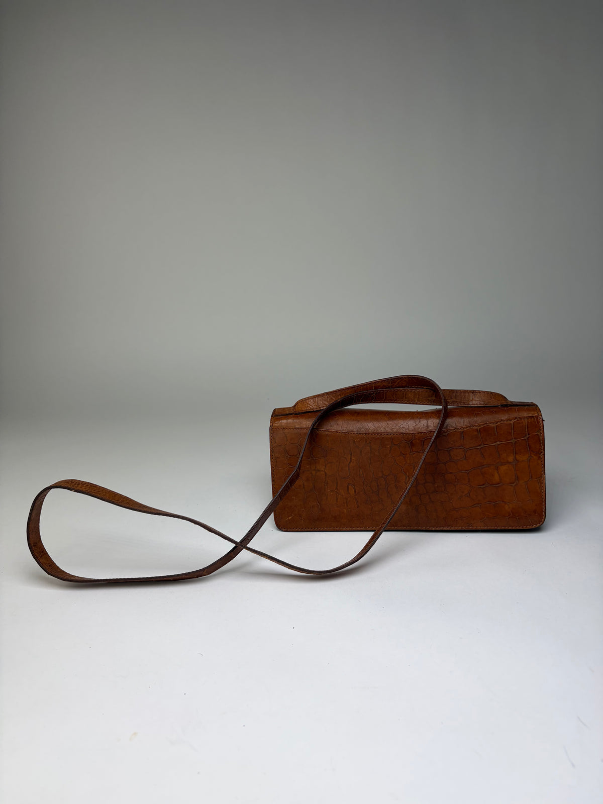 Vintage Armani Crocodile-Effect Leather Flap Crossbody Bag Brown