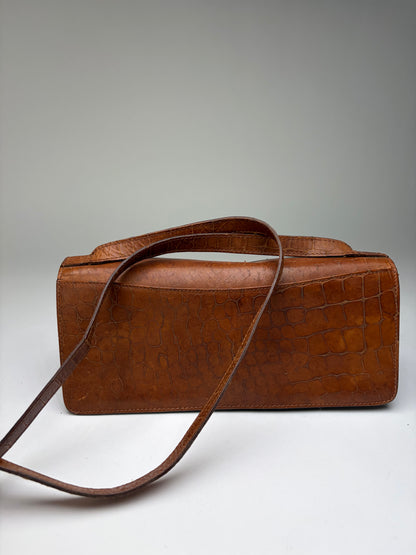 Vintage Armani Crocodile-Effect Leather Flap Crossbody Bag Brown