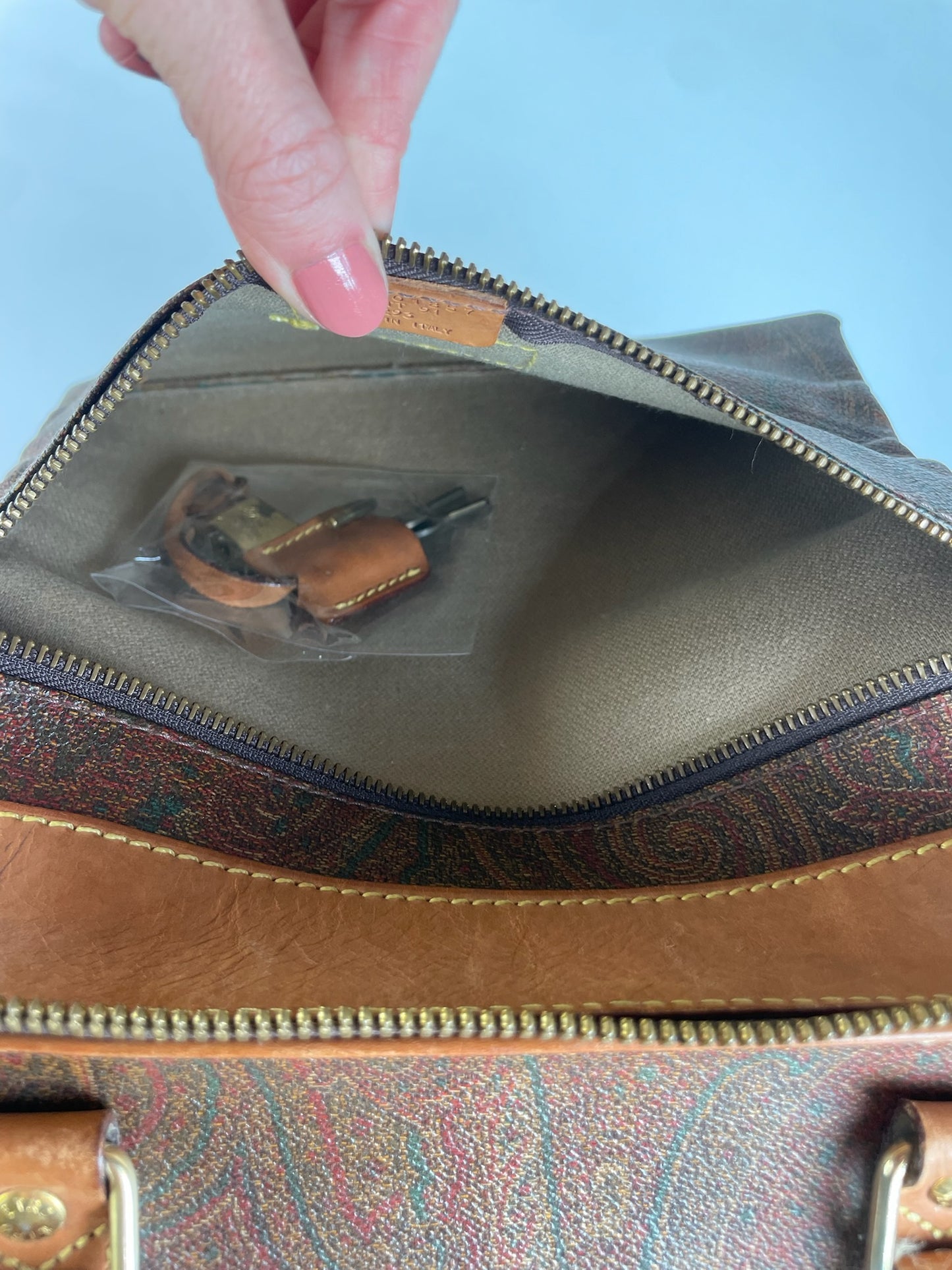 Vintage Etro Paisley Monogram Leather Duffel Bag Orange brown
