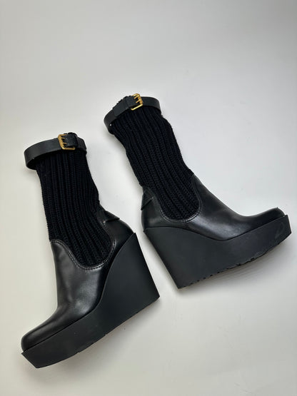 Vintage Gucci Leather Knit Ankle Boots Black Gold EU37