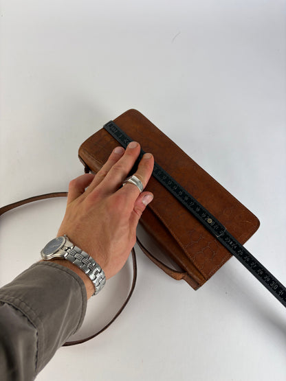 Vintage Armani Crocodile-Effect Leather Flap Crossbody Bag Brown