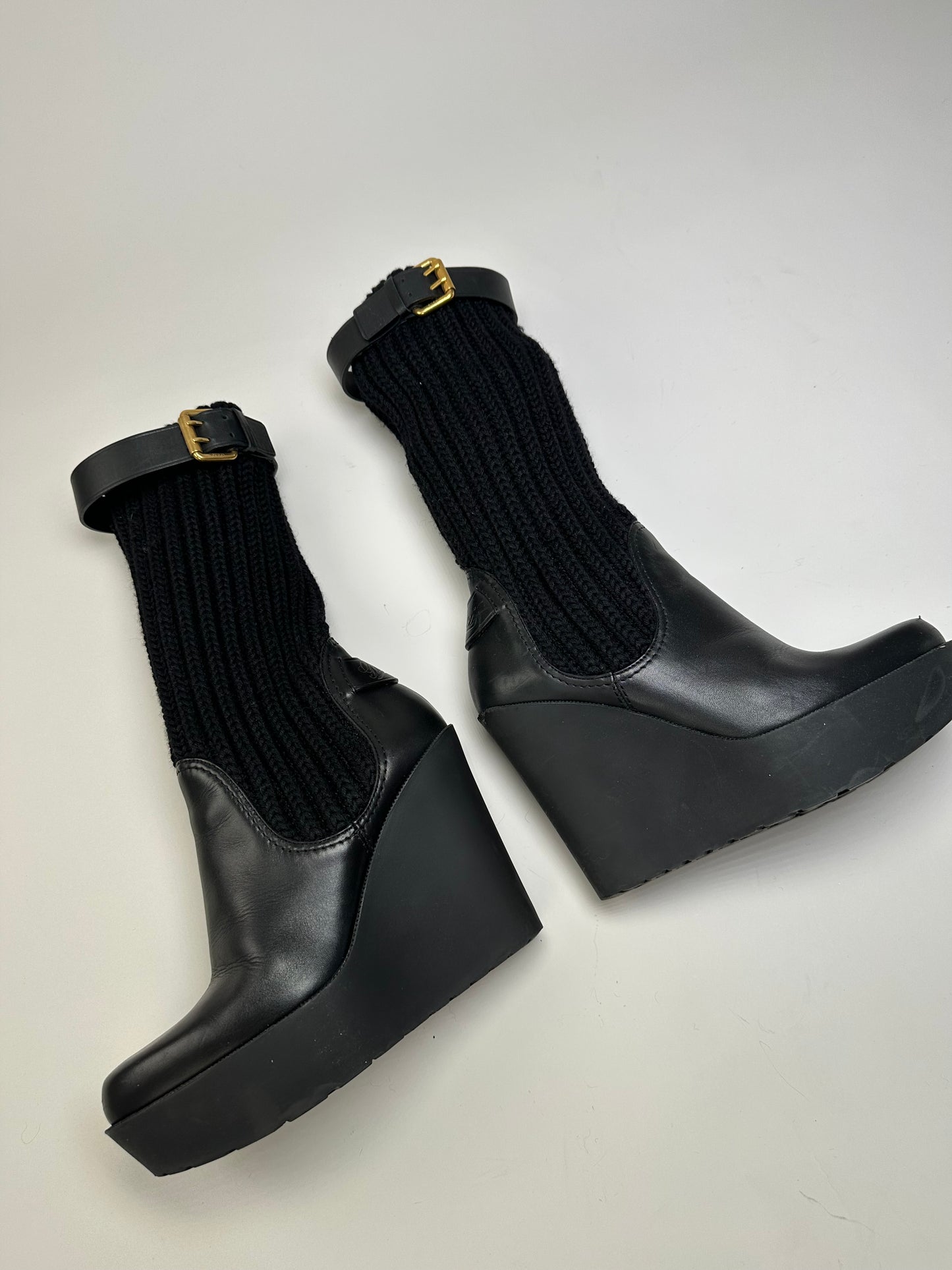 Vintage Gucci Leather Knit Ankle Boots Black Gold EU37
