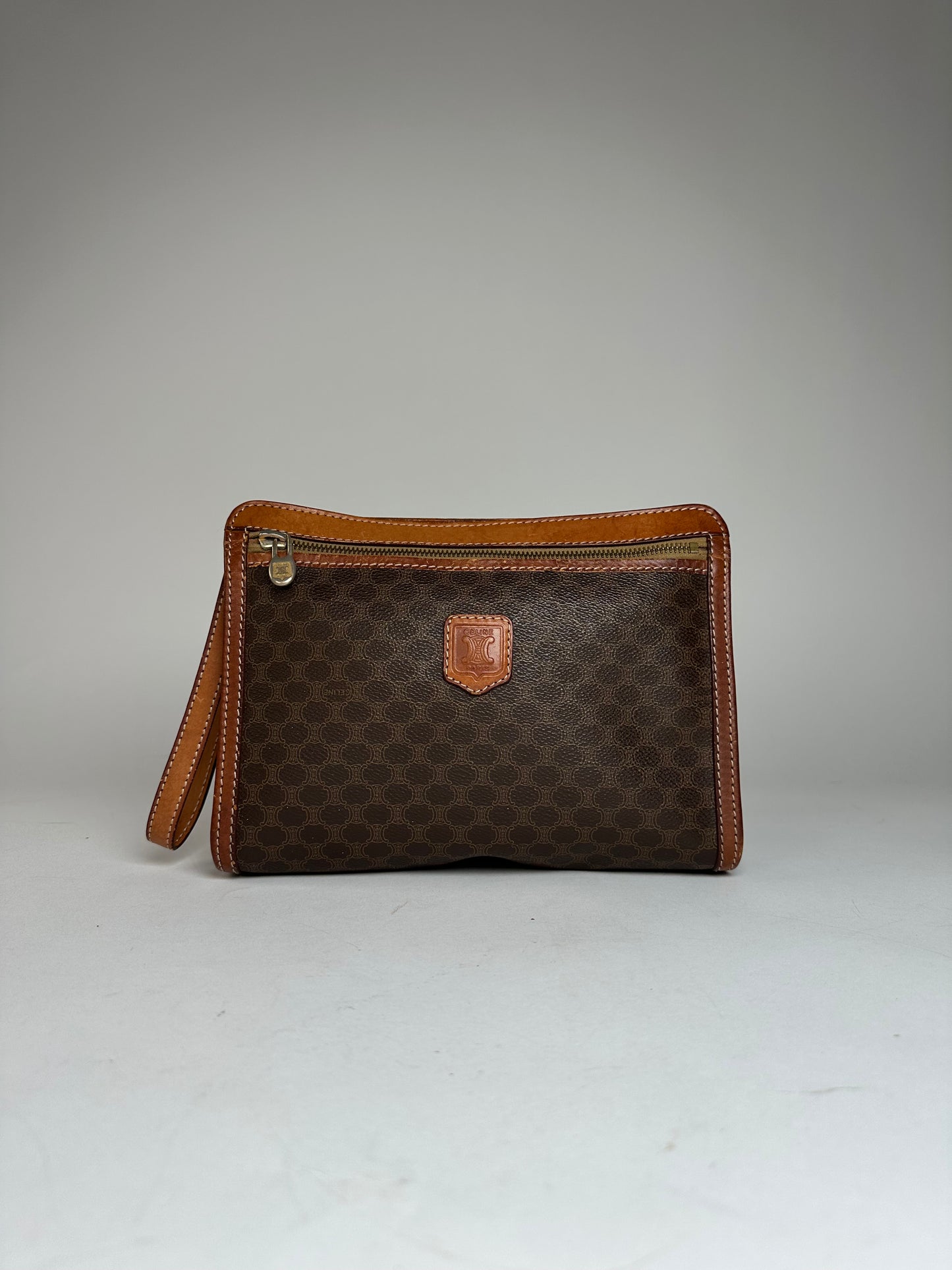 Vintage Celine Paris Triomphe Monogram Leather Clutch Brown
