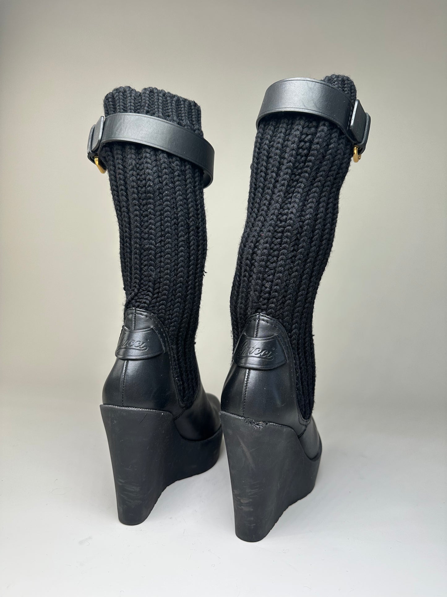 Vintage Gucci Leather Knit Ankle Boots Black Gold EU37