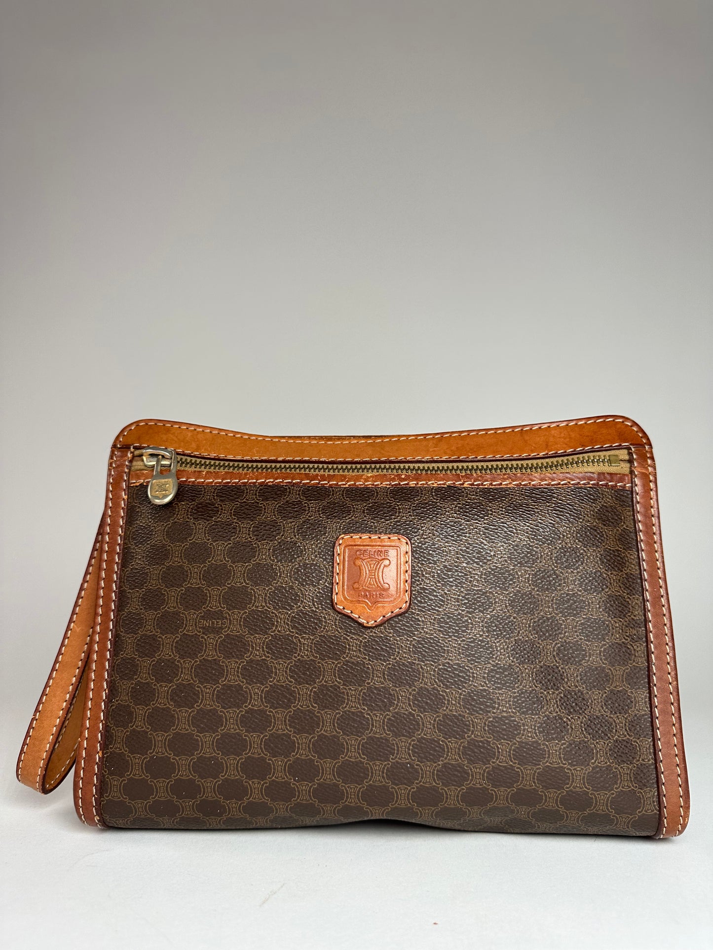 Vintage Celine Paris Triomphe Monogram Leather Clutch Brown