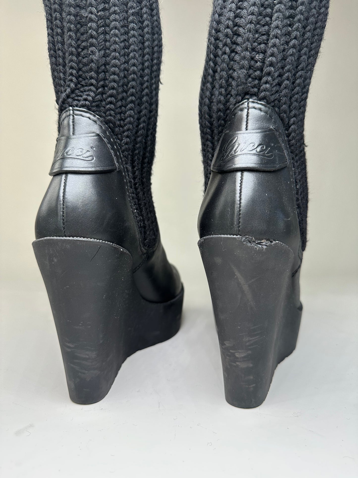 Vintage Gucci Leather Knit Ankle Boots Black Gold EU37